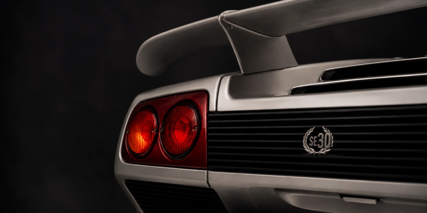 Close view of the Diablo SE30 rear wing, louvred engine cover and magnesium rear wheel